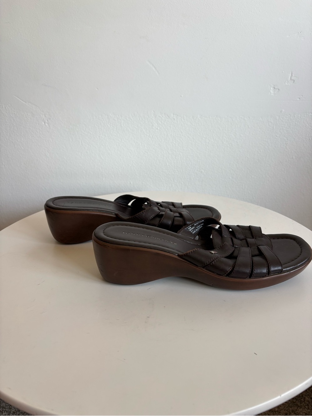 Tommy Hilfiger Dark Brown Woven Leather Wedge Slides